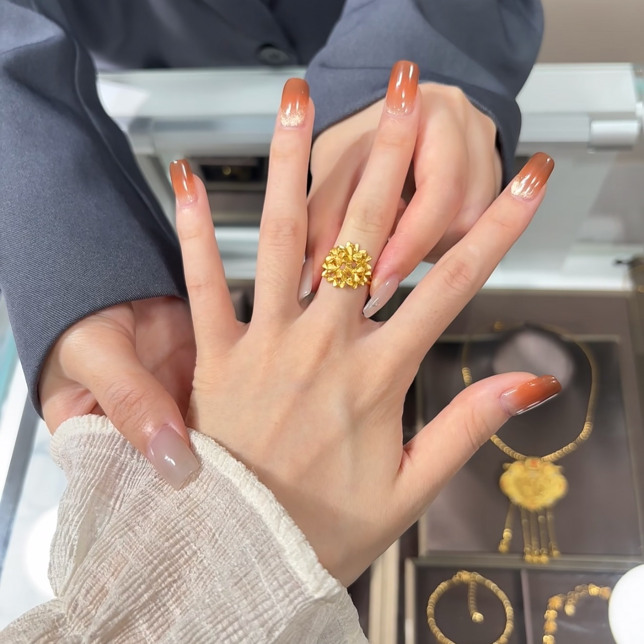 铜合金戒指 繁花似锦花朵戒指指环开口可调节新中式花塔戒子轻奢