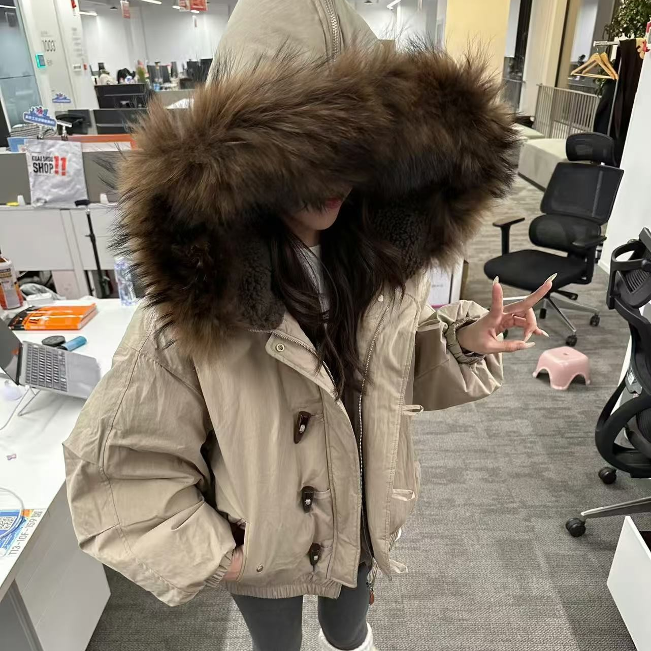 韩系棉服女大毛领派克服2025冬季新款加厚棉衣复古牛角扣棉袄外套