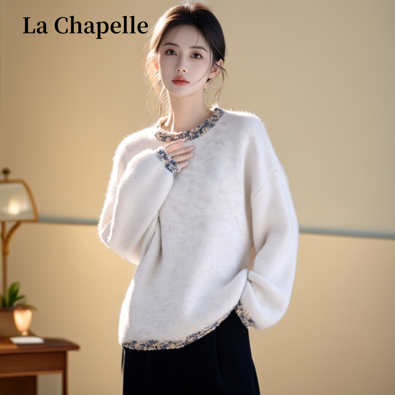 拉夏贝尔小香风气质圆领时尚百搭长袖针织衫女秋冬新款打底毛衣女