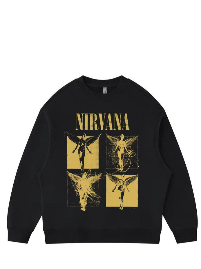 美式高街复古图案印花重磅长袖小领口宽松简约休闲透气T恤