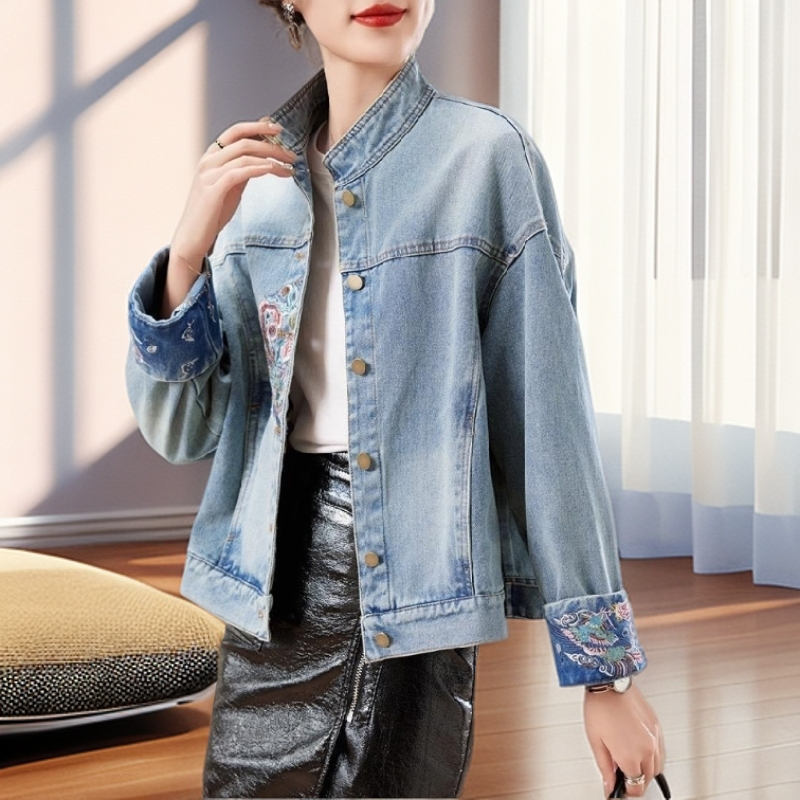 【雅岚女装】牛仔外套气质早春秋新款休闲大码新中式轻国风刺绣上衣