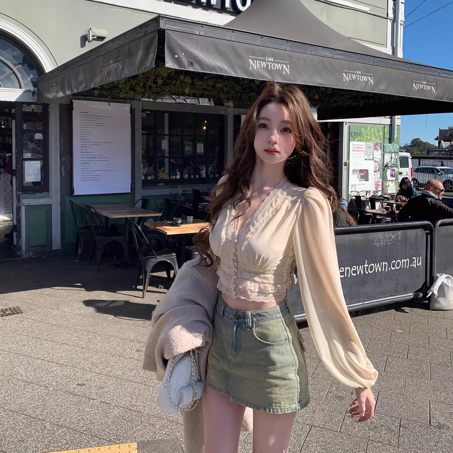 “塞纳温柔”一眼万年的温柔浪漫~重磅蕾丝拼接上衣套装