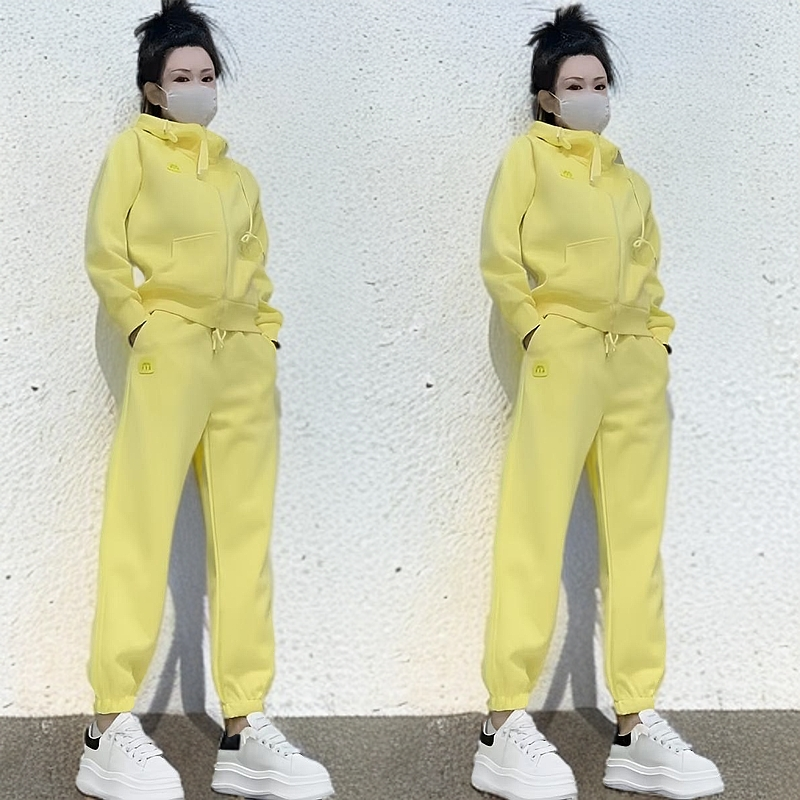 2025春秋新款彩色年轻休闲连帽卫衣外套卫裤运动服套装洋气两件套