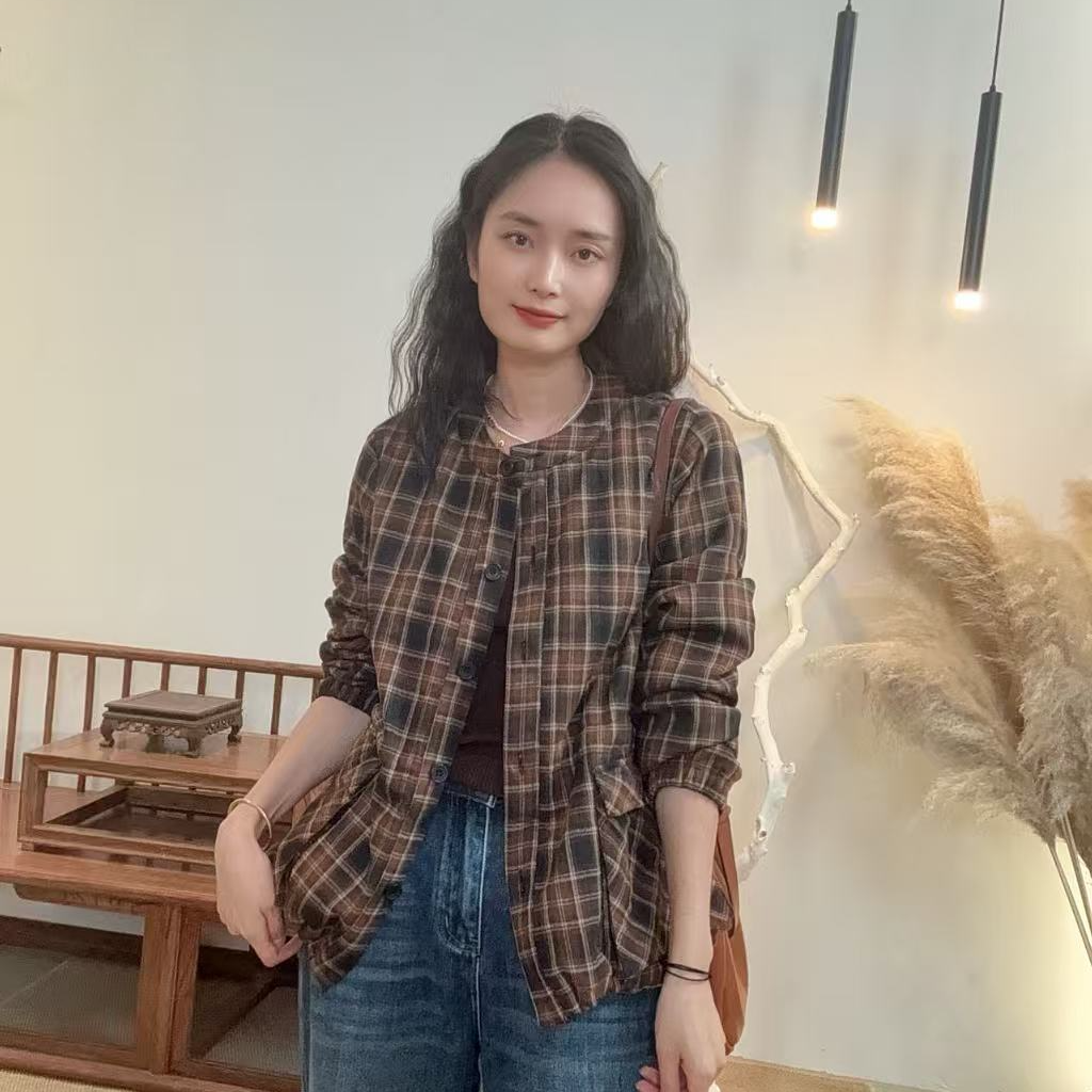 25771-百搭厚款衬衫圆领短款格纹衬衣常规休闲时尚复古