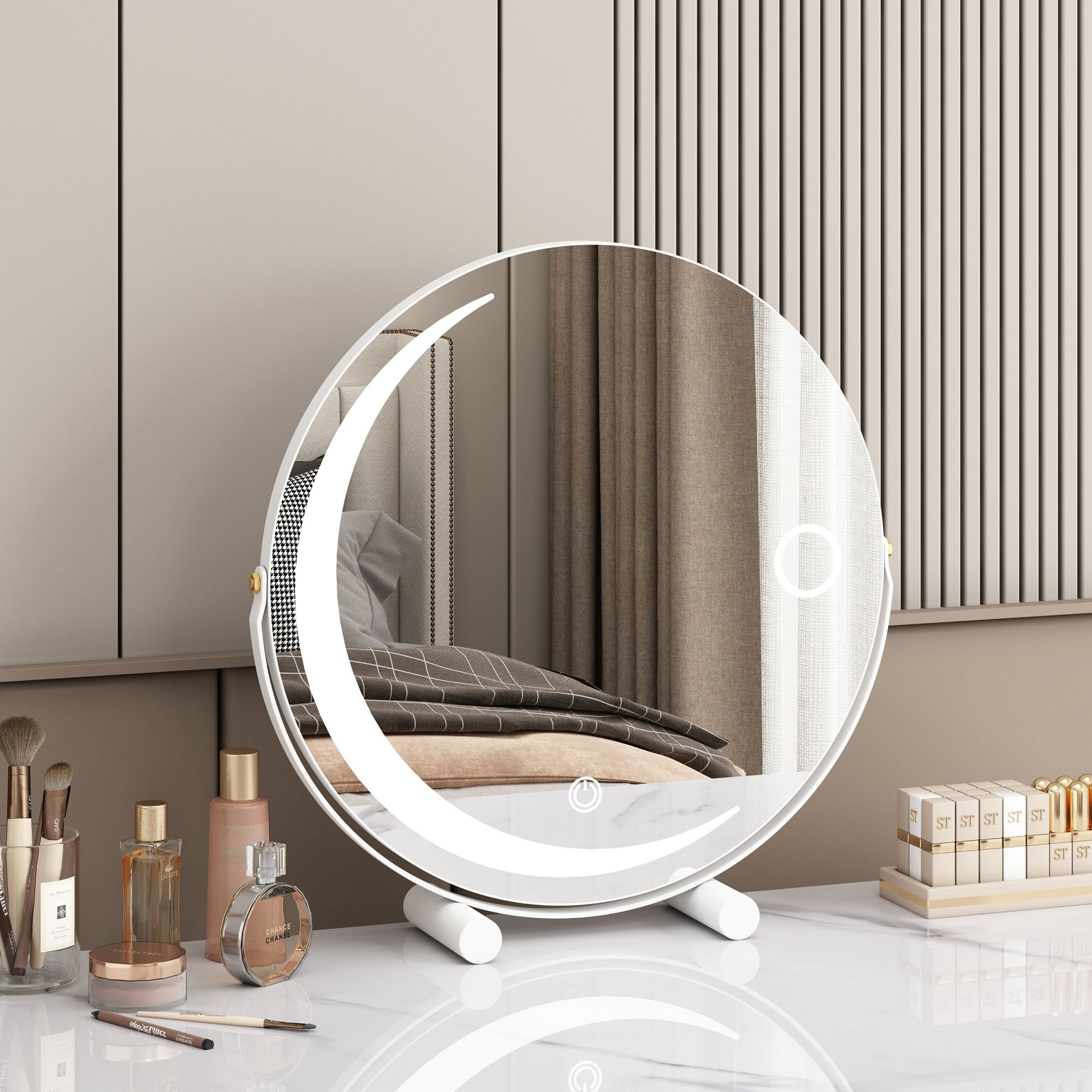 轻奢化妆镜带灯圆形智能梳妆镜卧室台式桌面高级简约梳妆台大镜子