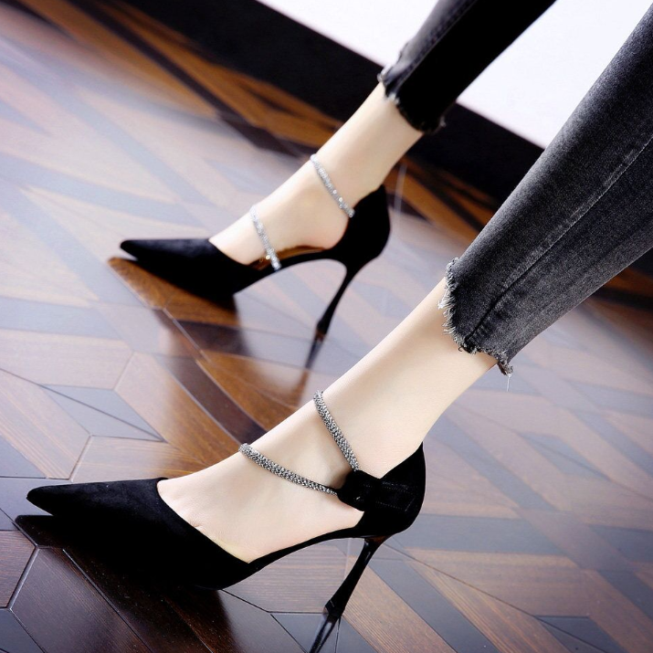 优雅尖头性感约会细跟高跟鞋女浅口黑色单鞋时尚高跟鞋一字带凉鞋