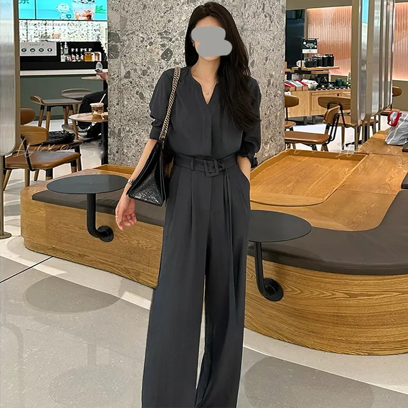 2025高腰洋气黑色气质洋气女神范收腰显瘦韩系绿色收腰连体裤阔腿