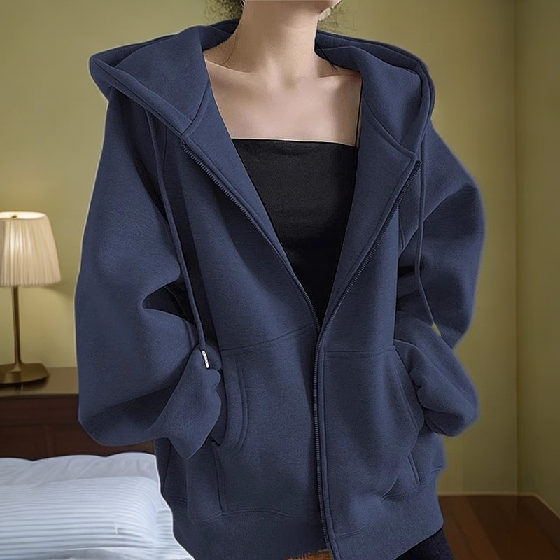 华棉400g卫衣银狐绒连帽开衫外套女百搭新款初春秋季加绒加厚上衣