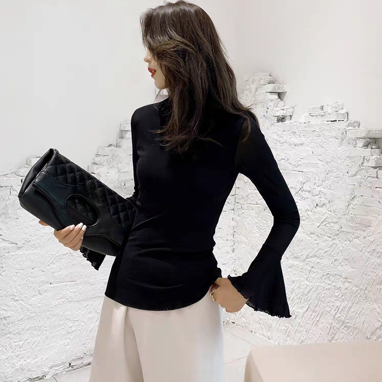 黑色网纱打底衫半高领喇叭袖弹力显瘦百搭上衣T恤女H006