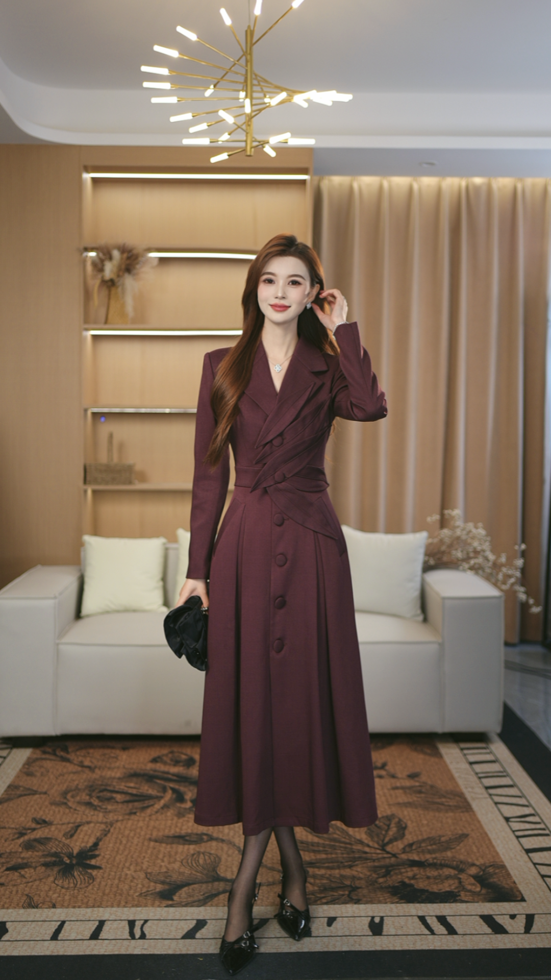 罗曼定制 高定原创紫红秋冬西装领长袖连衣裙气质收腰大摆裙女