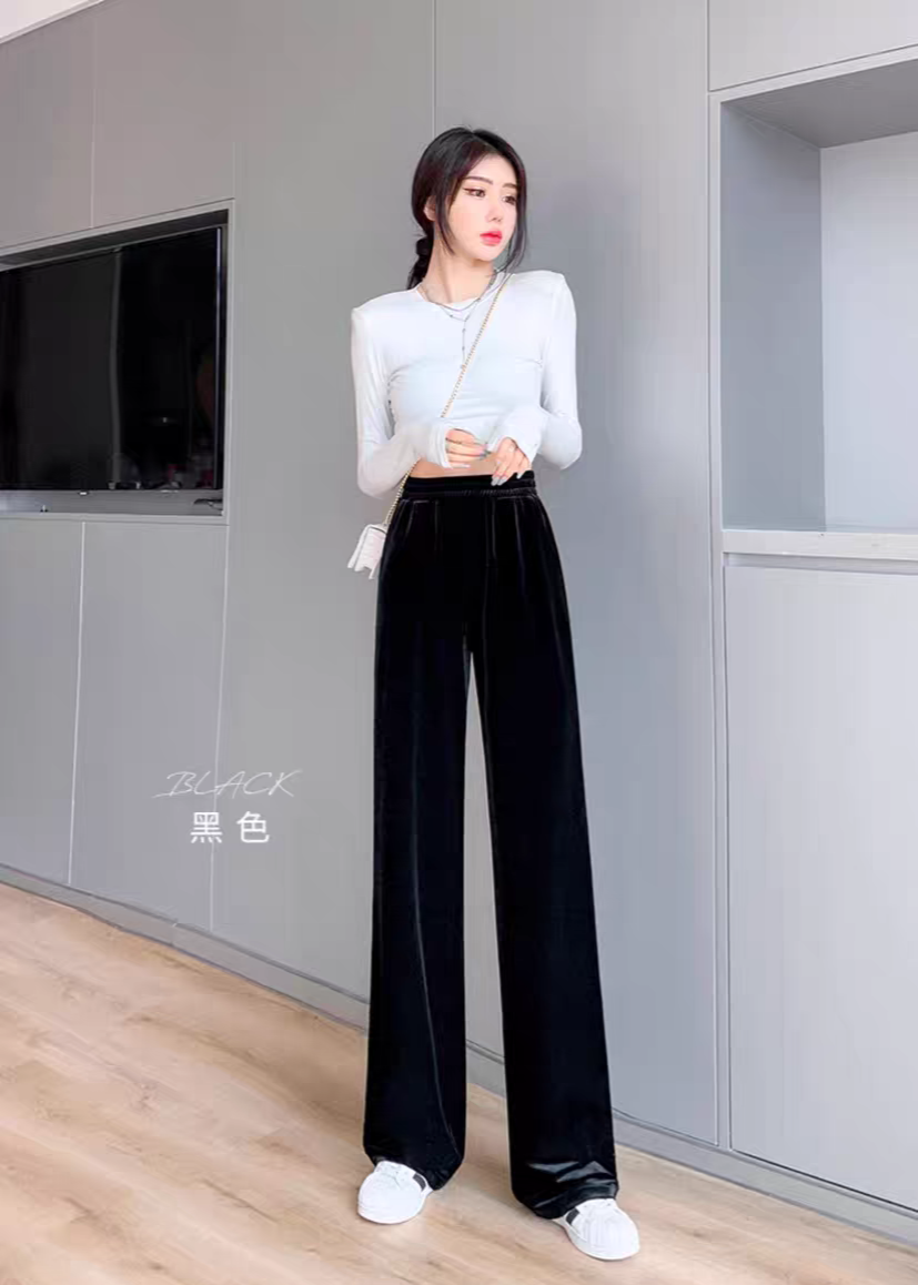 D007新款春季休闲松紧高腰直筒丝绒长裤女百搭气质名媛风网红女裤