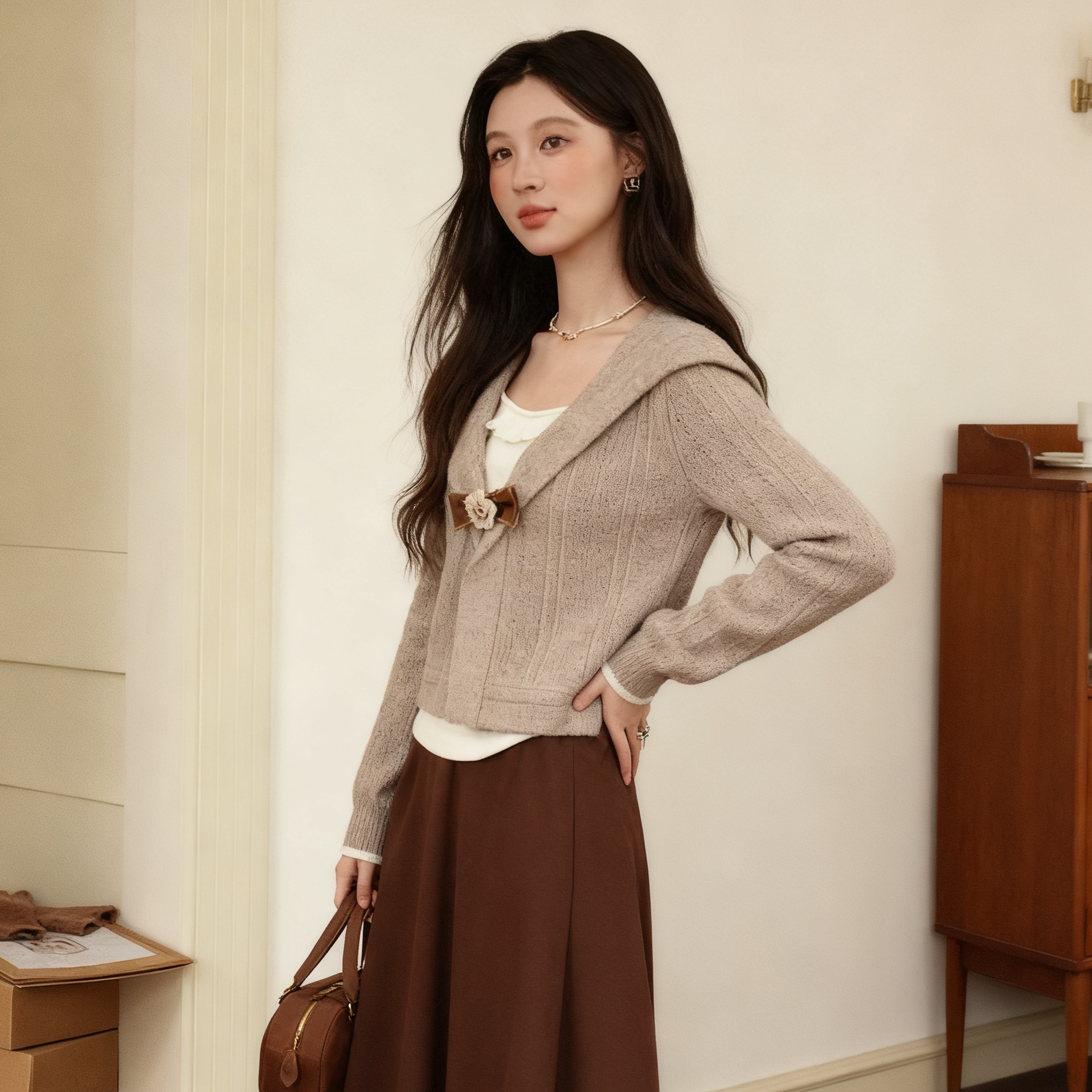 【大码女装秋冬】假两件咖色短款毛衣开衫女秋装气质美拉德上衣1379