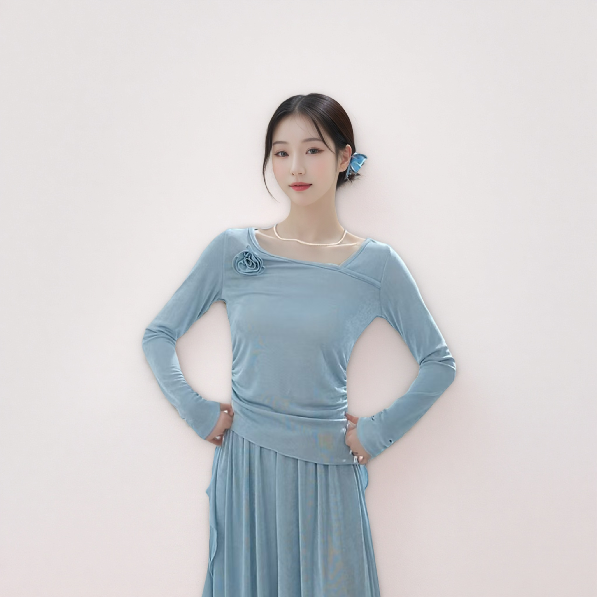 24116修身网纱斜v领花朵上衣宽松阔腿裤飘带垂感裤