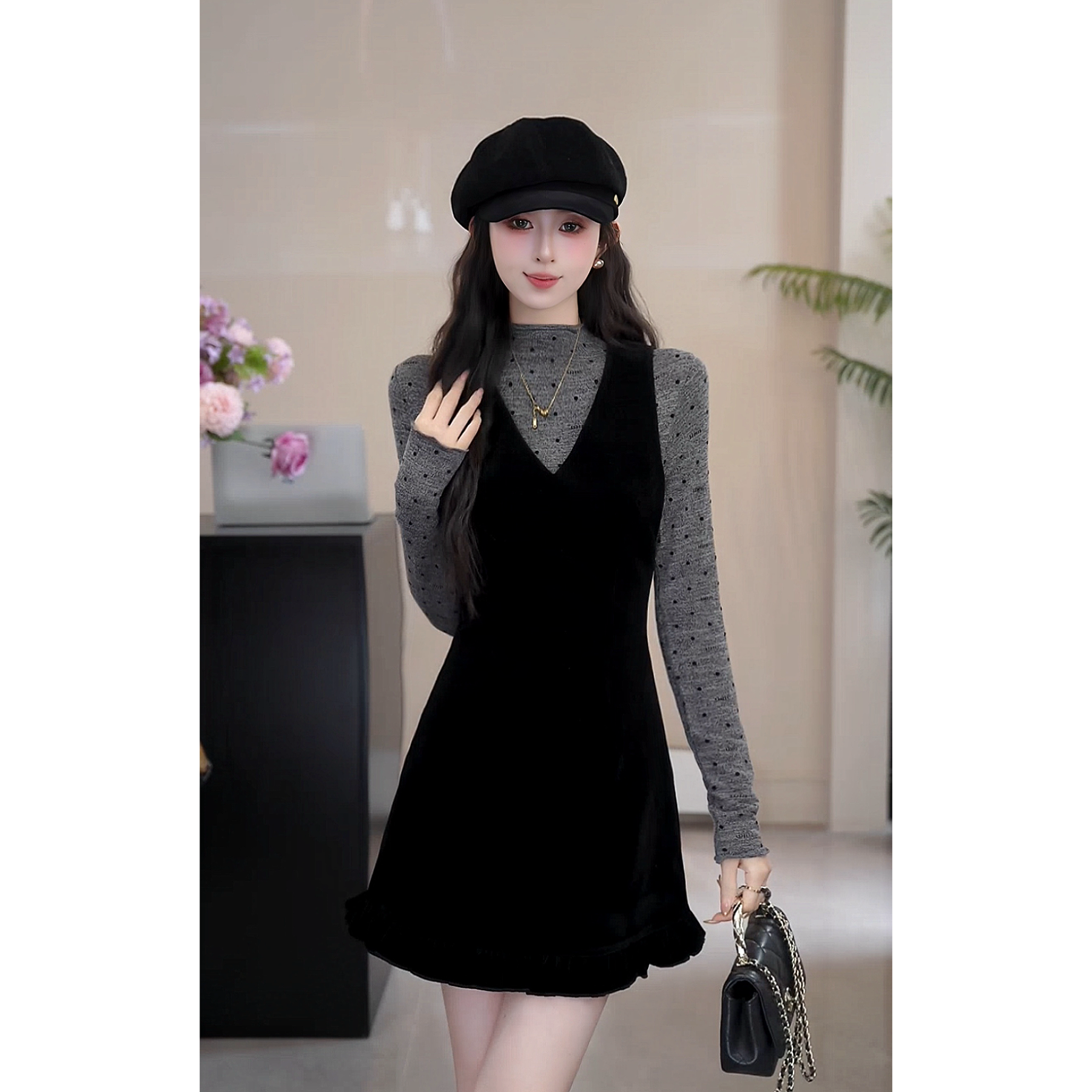 YUANLIANSU/圆脸酥【云眠画记】波点打底衫+丝绒背心连衣裙两件套女