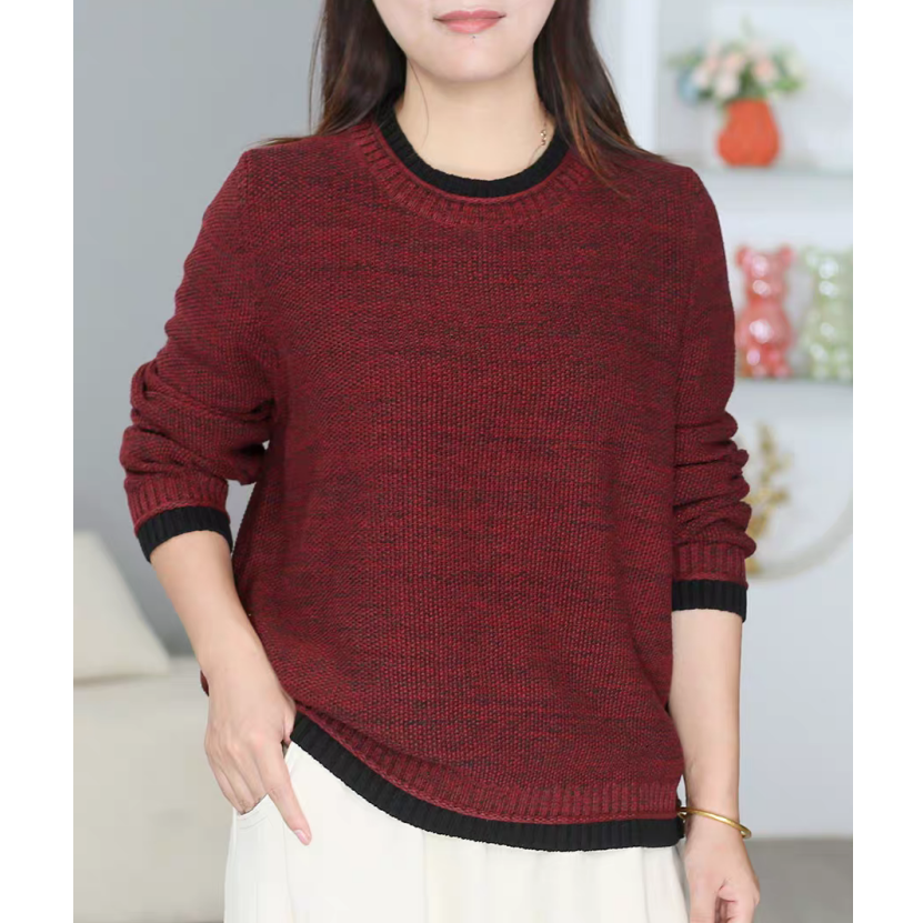 撞色复古秋冬圆领针织打底衫女宽松百搭休闲大码女装上衣毛衣保暖