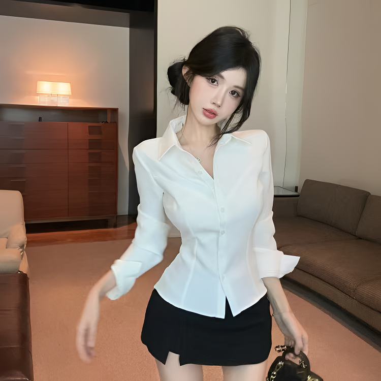 2025新款Polo领白色衬衫女纯欲辣妹收腰鱼骨上衣 通勤高级感衬衣