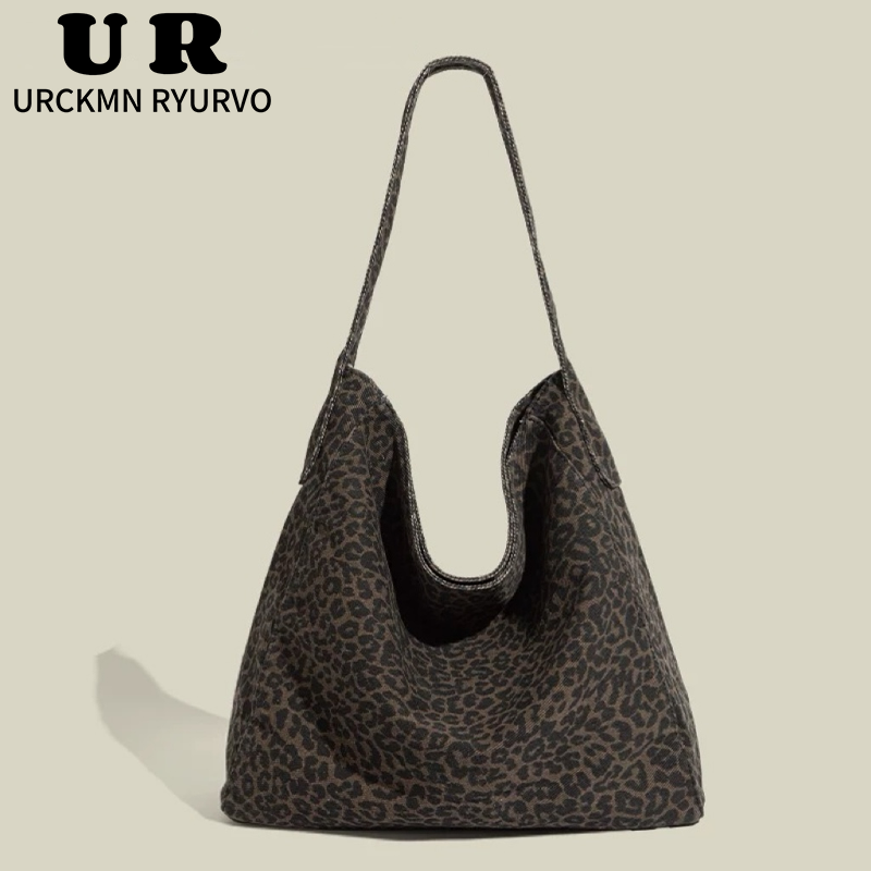 URCKMN RYURVO豹纹大容量秋冬百搭帆布单肩购物袋上课通勤托特包