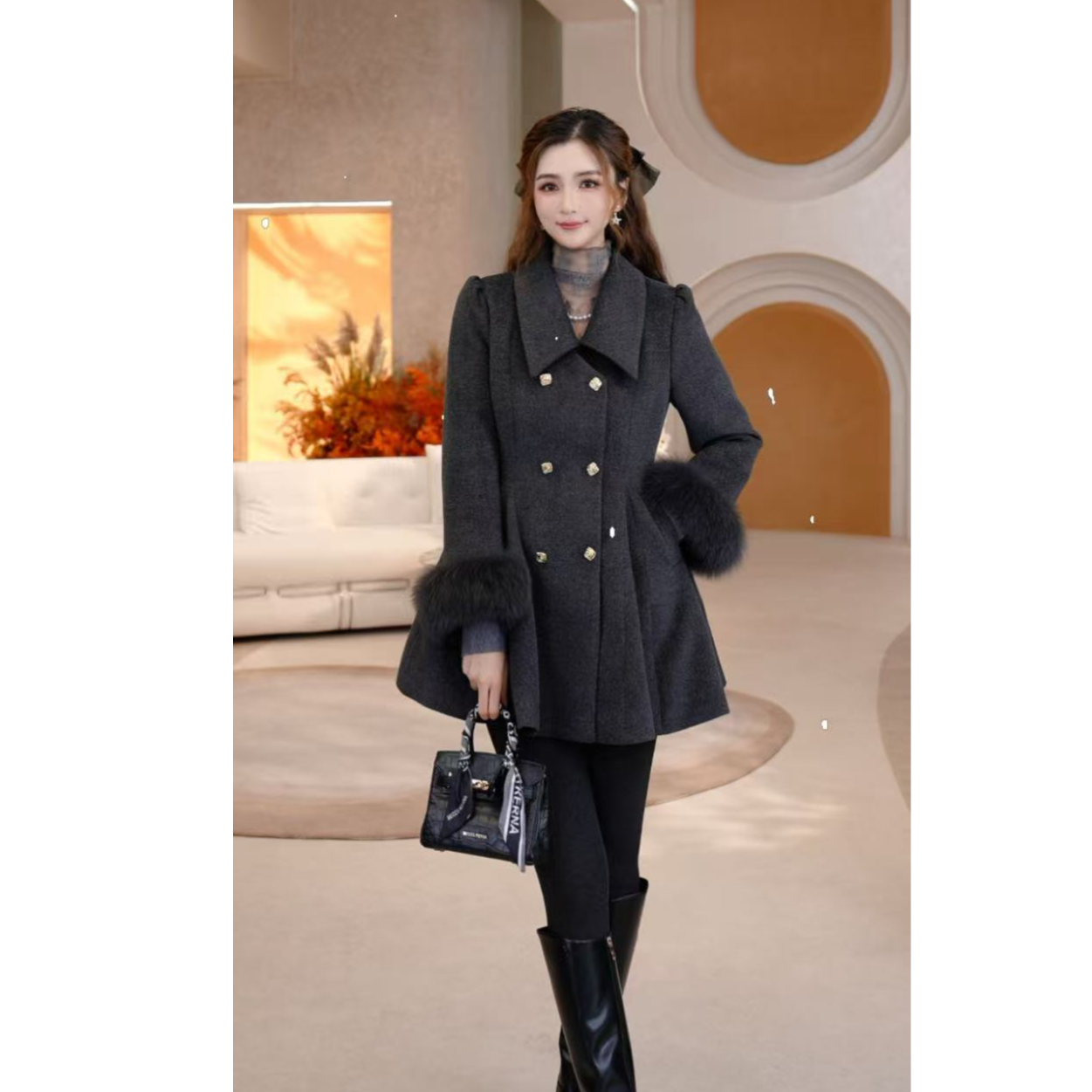 COCO BECCI【首尔千金】90白鸭双排扣优雅羽绒呢外套CFLJD200299