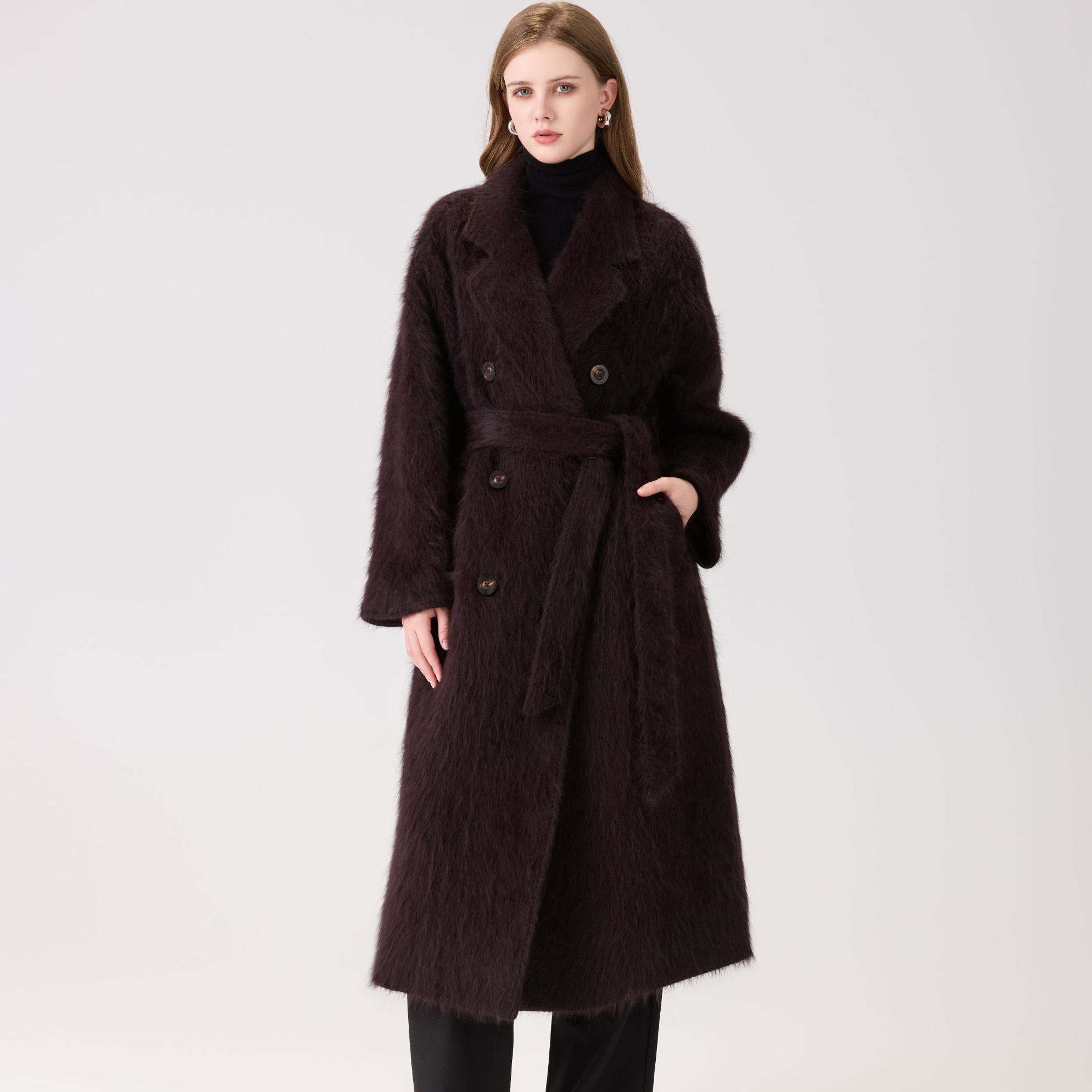 801款安哥拉兔毛拉绒大衣时尚宽松款式 腰带款大衣