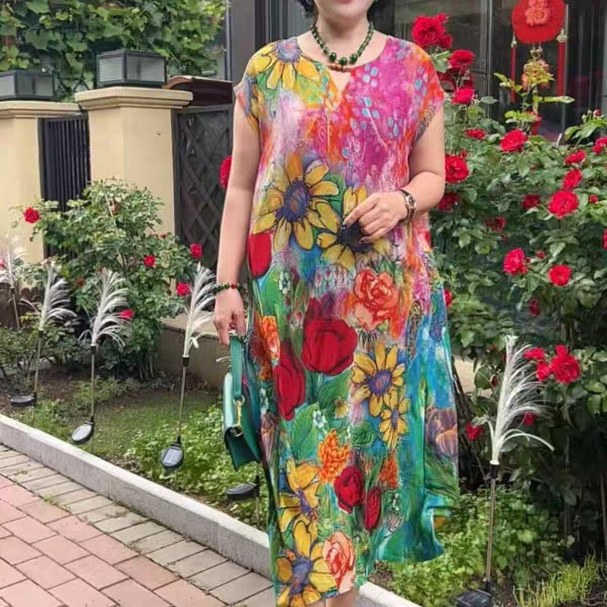 夏季时尚复古花卉连衣裙宽松大码妈妈装气质国风