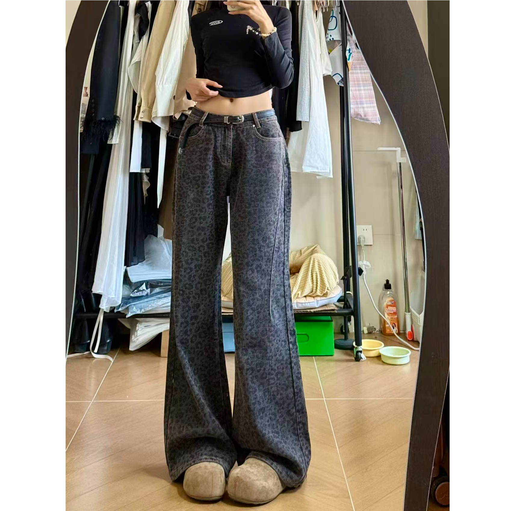 175高个子加长复古豹纹高腰阔腿牛仔裤女窄版显瘦直筒170拖地裤子