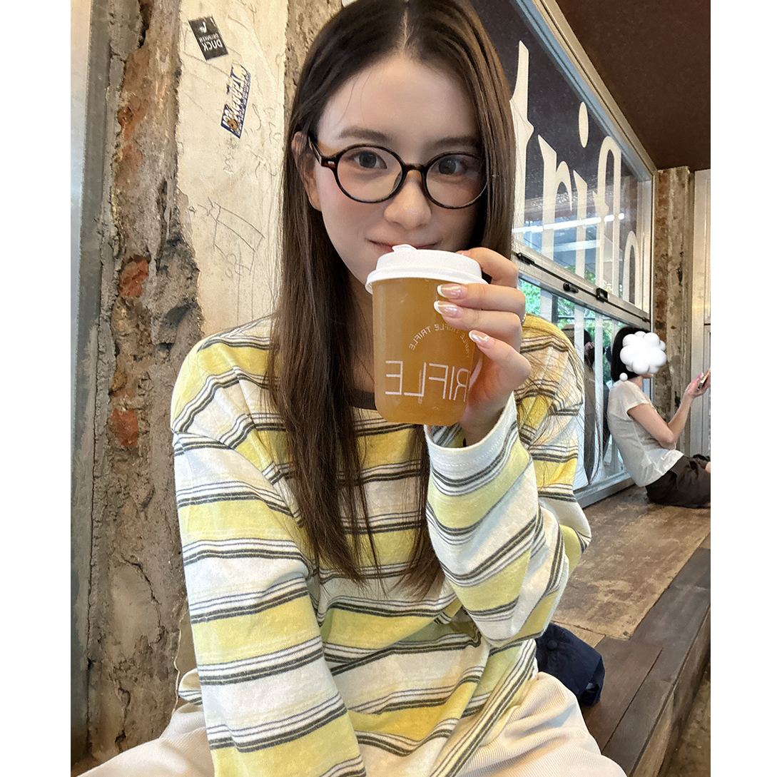 早秋ing风宽松慵懒长袖条纹拼色t恤B1634