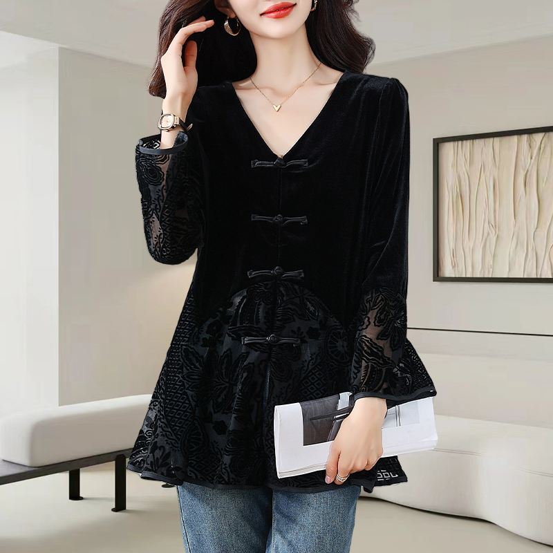 国风盘扣V领丝绒拼接蕾丝衫女士秋季新款设计感收腰显瘦洋气上衣