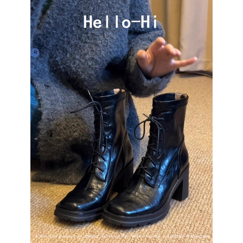 牛皮版~高跟方头气质粗跟新款马丁靴女系带英伦风复古侧拉链短靴