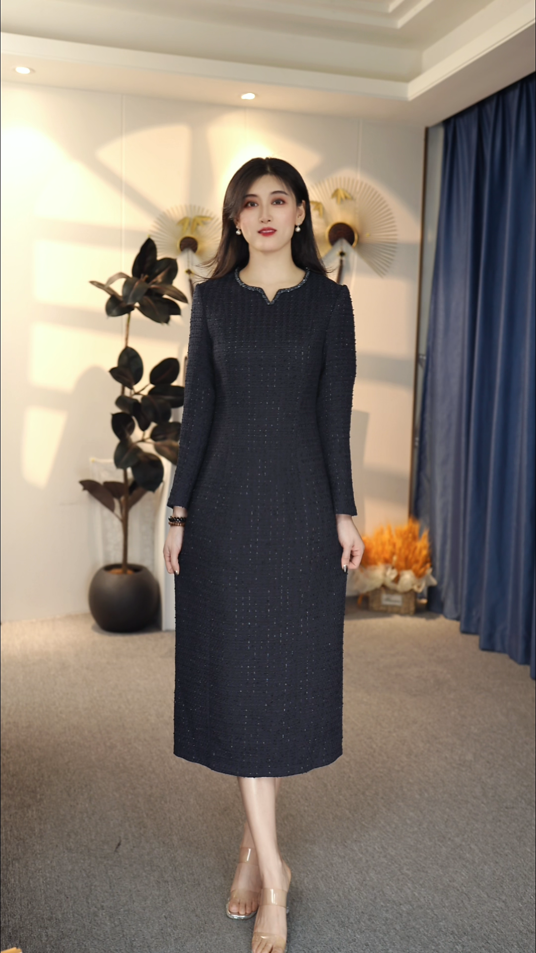 法式长裙秋冬显瘦连衣裙藏青色时尚显瘦修身气质9038