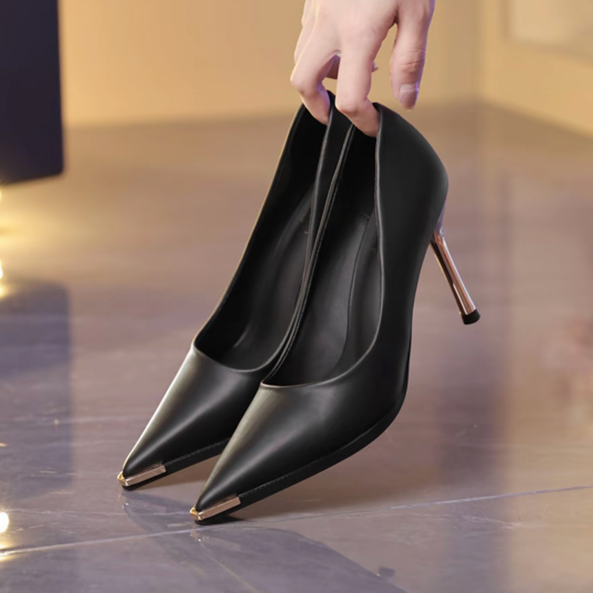 尖头法式细跟金属防踢哑光软皮黑色百搭职业气质爆款韩版高跟鞋女