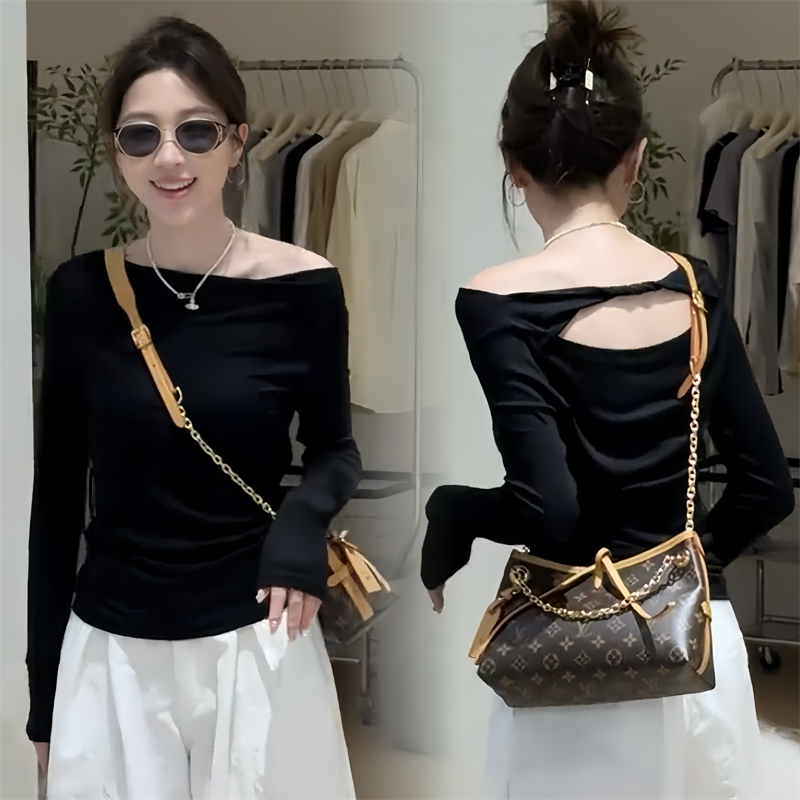 设计感韩版后背镂空斜肩两穿减龄洋气长袖T恤女2025早秋新款上衣