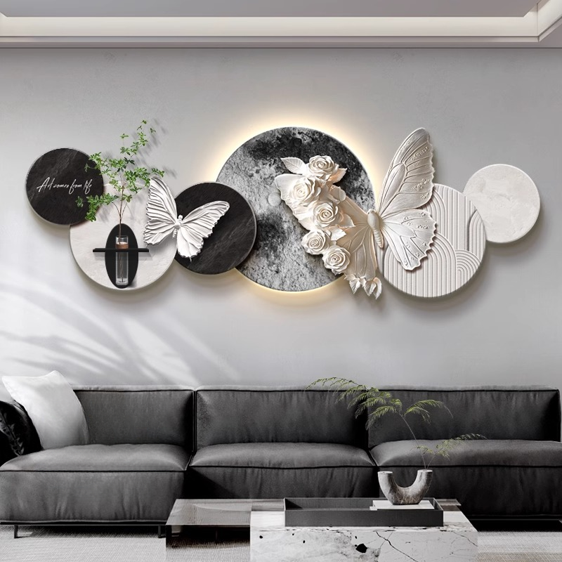 水培绿植客厅卧室装饰画黑白简约沙发背景墙挂画蝴蝶高级感壁画