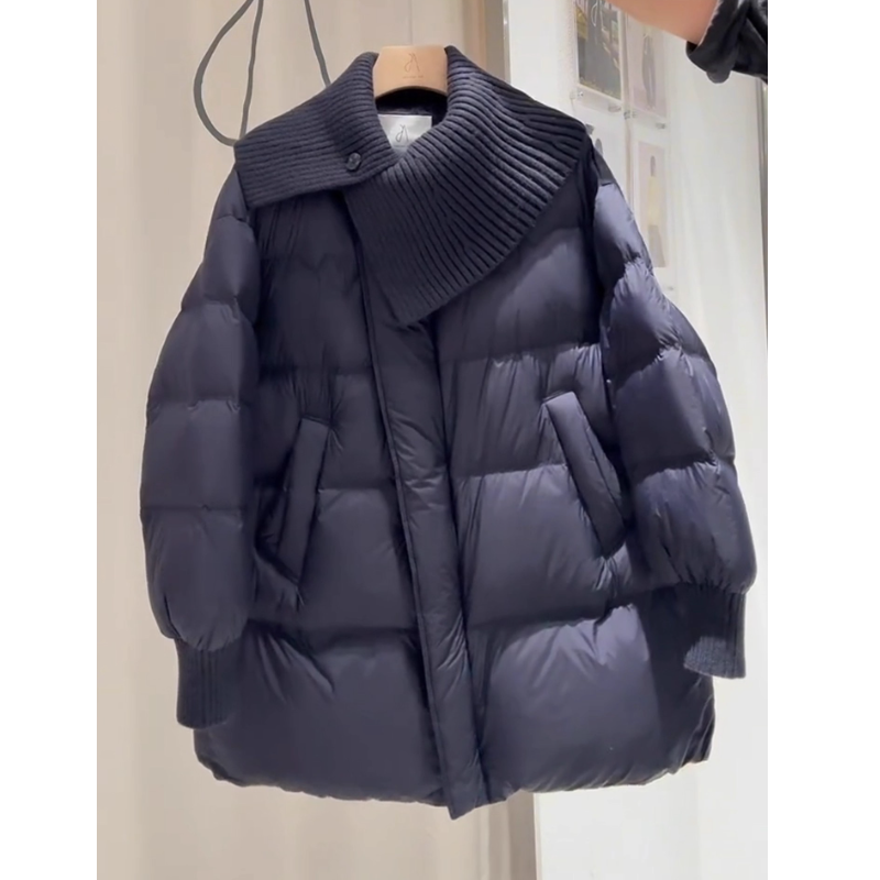 藏蓝色针织披肩泡芙设计感2025冬季新款气质中长保暖棉服棉衣外套