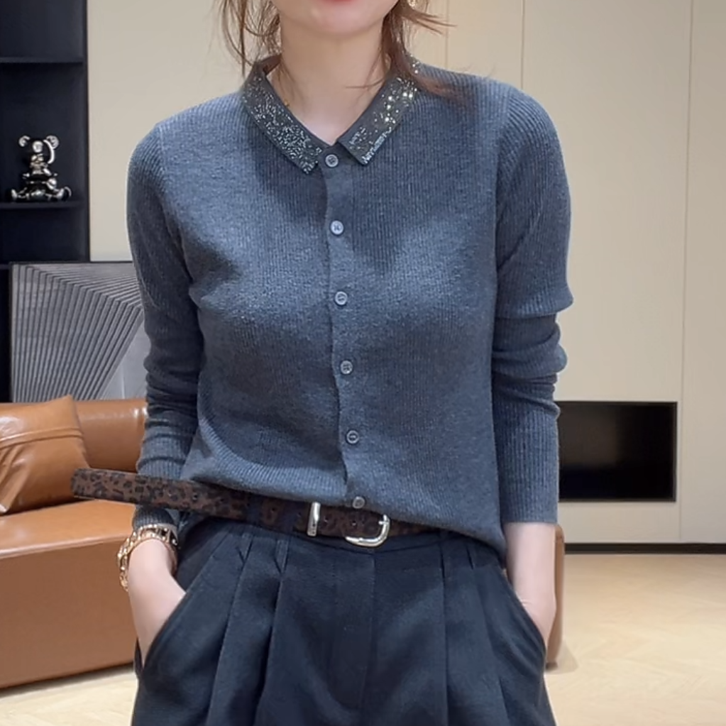 重工烫钻设计感翻领单排扣针织衫2025新款百搭显瘦打底长袖上衣