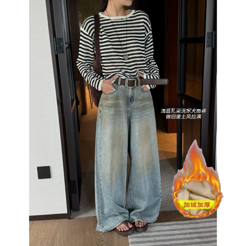 【现货】新款复合绒废土风做旧反季色阔腿牛仔裤