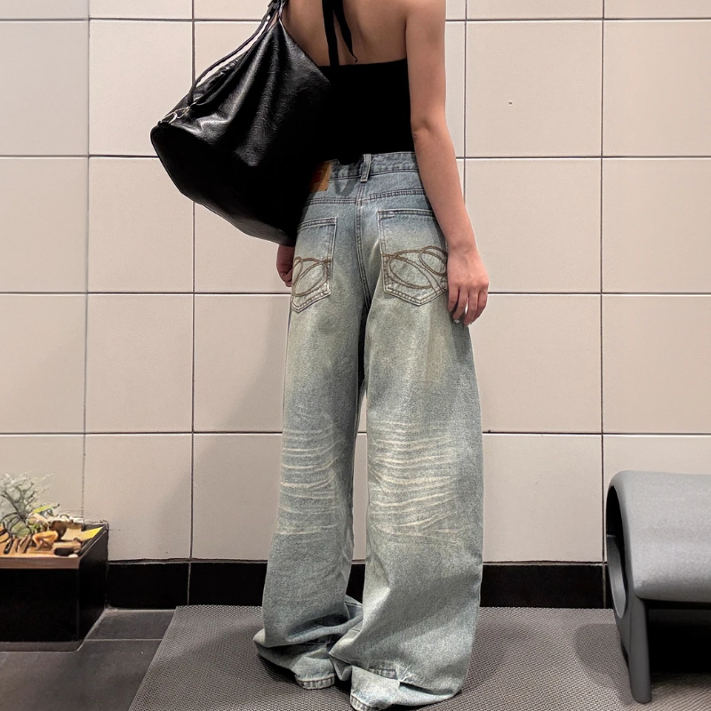 美式高街加长款刺绣牛仔裤女2025秋季新款宽松百搭休闲垂感拖地裤