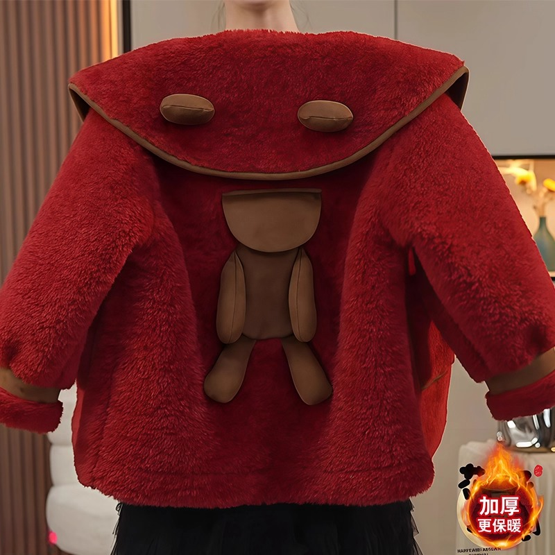 女童红色毛毛衣外套2025新款秋冬款皮毛一体加厚羊羔毛娃娃领大衣