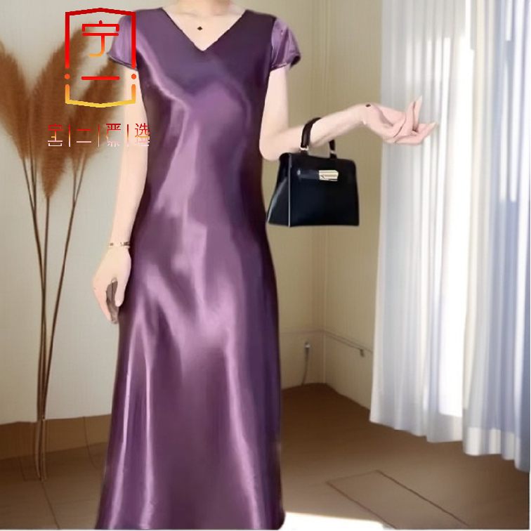 【宁一女装】时尚洋气显瘦珠光缎面短袖连衣裙高档显瘦鎏金缎薄款女