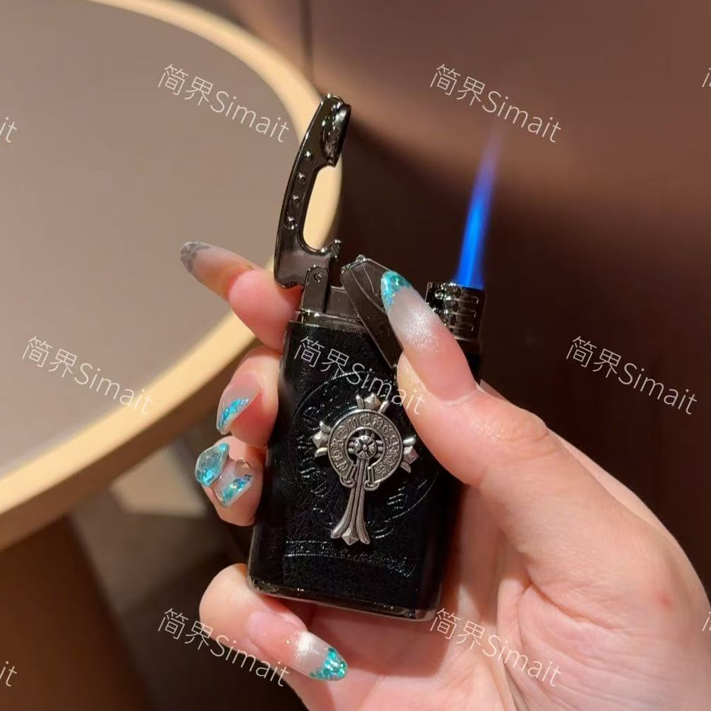 【简界品牌正品原创】摇臂高级轻奢皮纹直冲打火机充气送男友克罗
