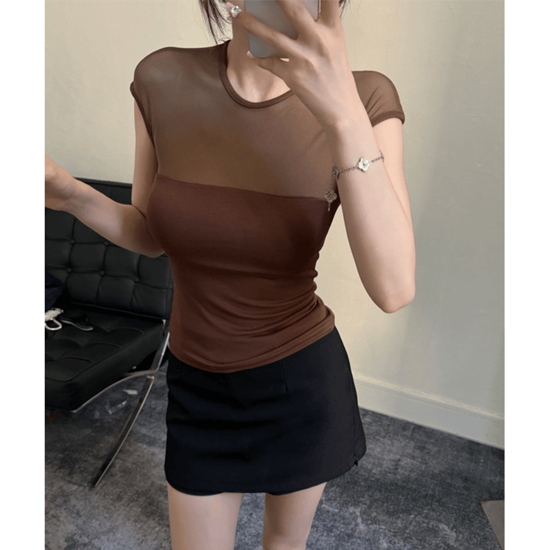 YIDENG纯欲风气质网纱拼接圆领无袖T恤夏季修身性感辣妹微透上衣