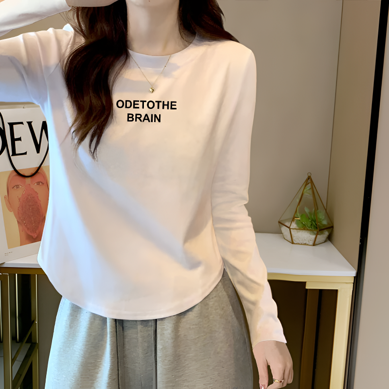 【ODE】秋季纯色长袖打底衫女修身显瘦百搭圆领T恤不规则上衣1602