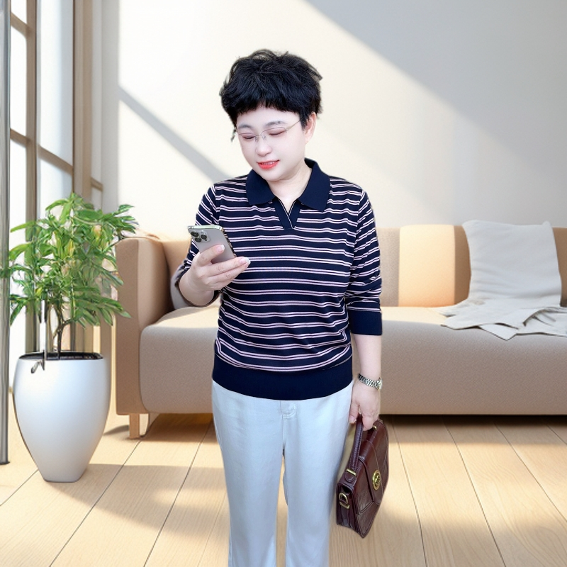 【秋款莱赛尔天丝100%】长袖休闲（24629）条纹翻领大码女装宽松显瘦