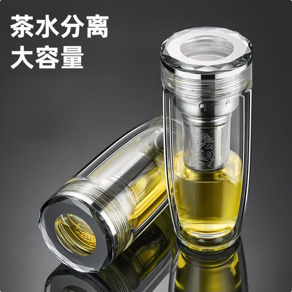 鹅蛋杯大容量玻璃水杯车载防烫茶水分离高硼硅玻璃杯双层加厚隔热