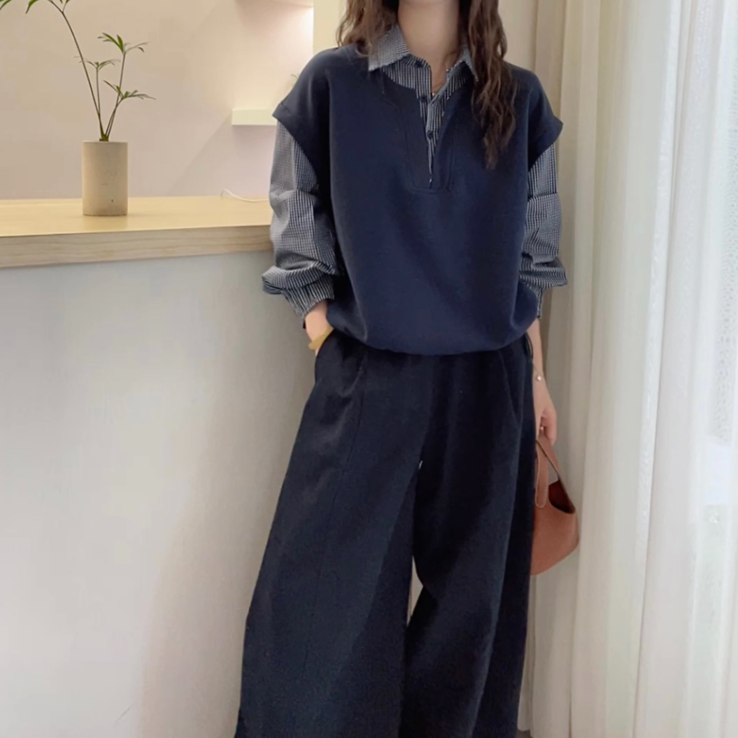 欧洲站2025秋装新款欧货假两件卫衣拼接格子长袖衬衫女春秋衬衫潮