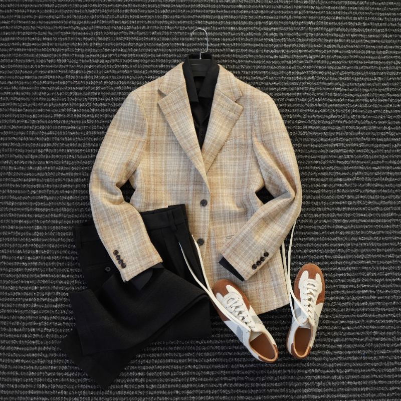 CssuGent 100%羊毛 秋冬时尚单排扣格子西服男商务休闲通勤外套潮