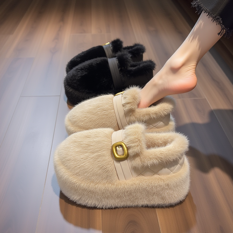 【兔毛绒】白色厚底毛毛鞋女秋冬软底皮带扣加绒保暖软底孕妇棉鞋