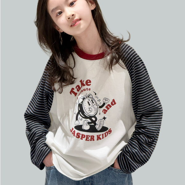 25秋季儿童卡通印花条纹插肩袖上衣男女童韩版宽松休闲长袖T恤