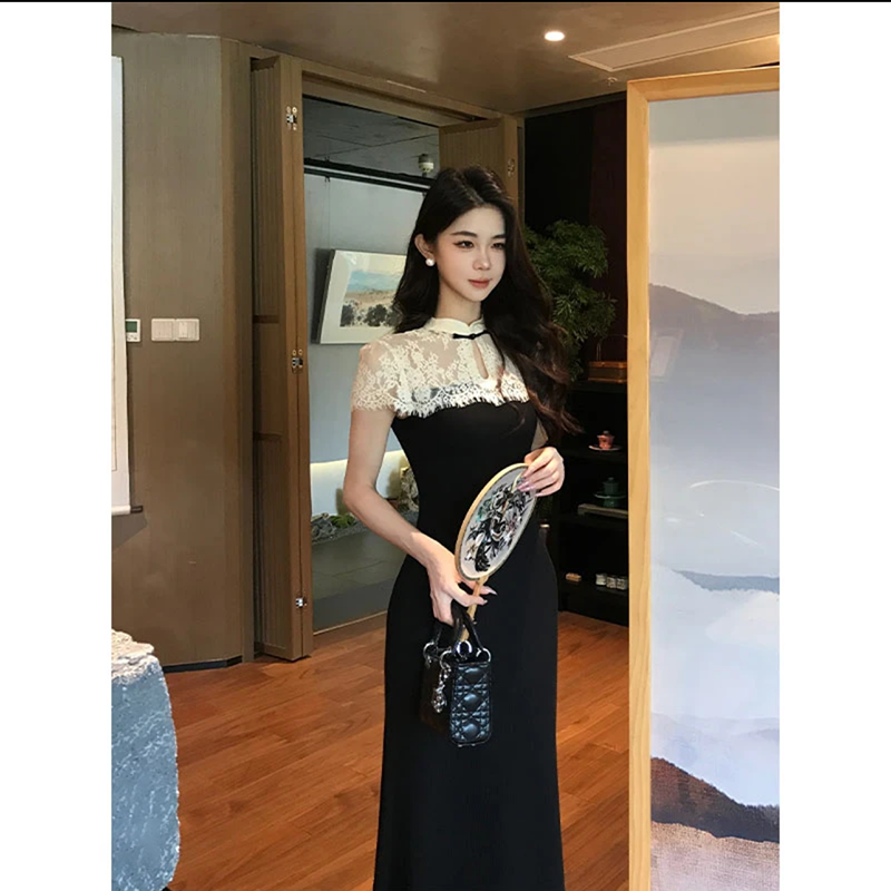 高级感蕾丝拼接连衣裙女夏季新款新中式气质名媛仙女长裙