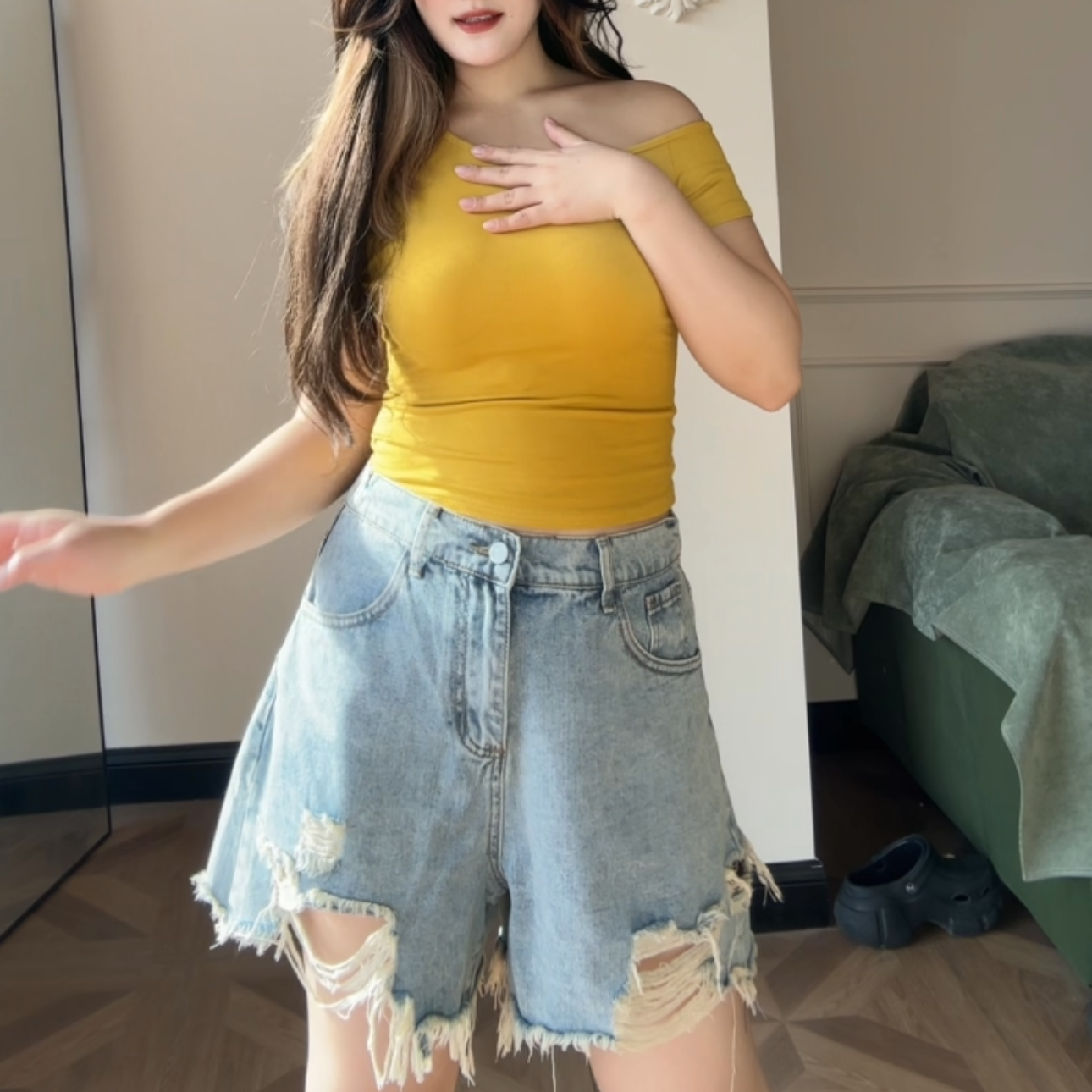 夏季大码短裤韩版阔腿裤拼接牛仔裤女阔腿复古高腰宽松显瘦562