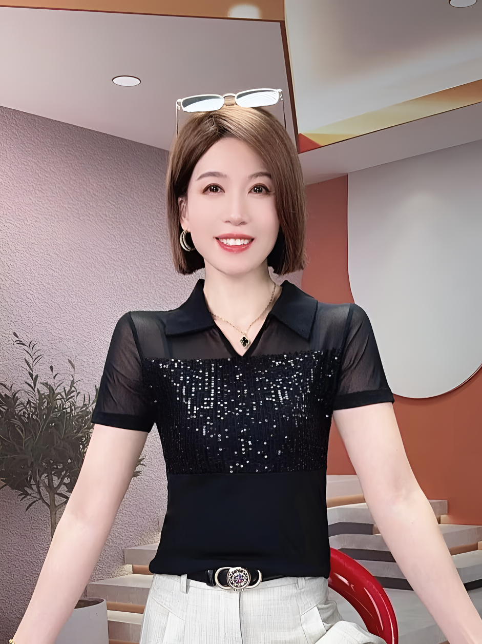 黑色POLO领网纱短袖T恤女夏季重工亮片短款上衣时尚微透修身小衫